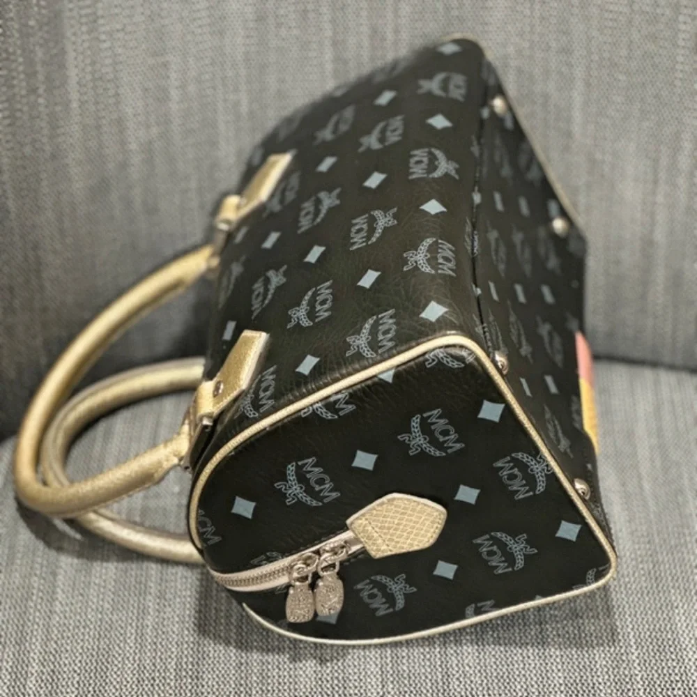 MCM Lion Visetos Boston Satchel Black Gold Leather Bag